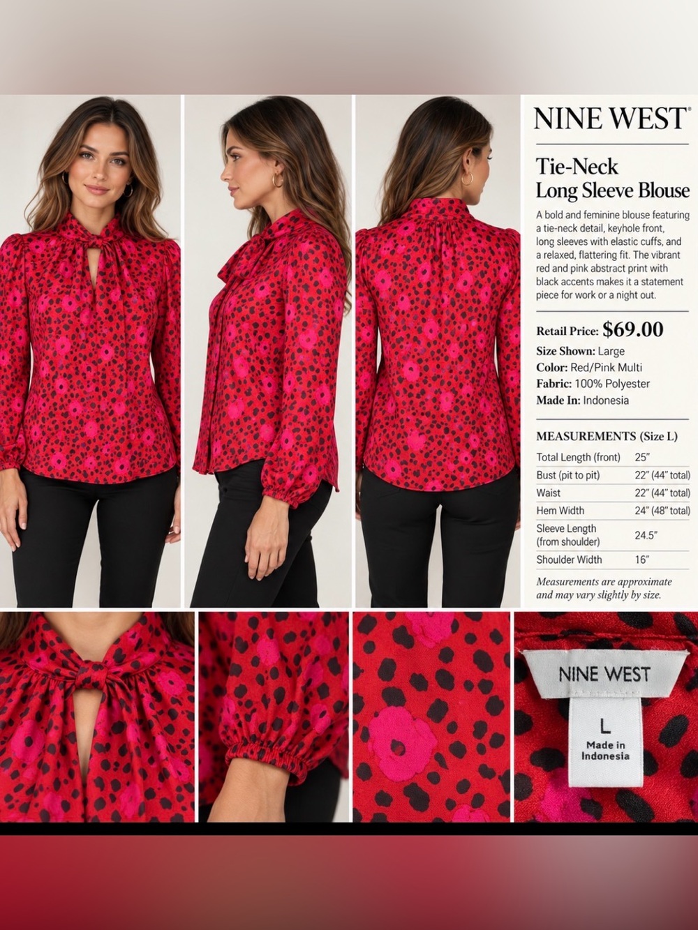 Nine West Red and Pink Tie-Neck Long Sleeve Blouse, Size L